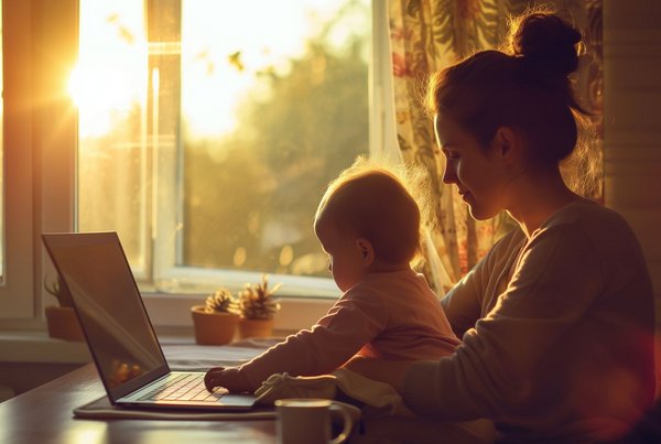 Frau mit Kind auf Schoß lernt flexibel zuhause am Laptop